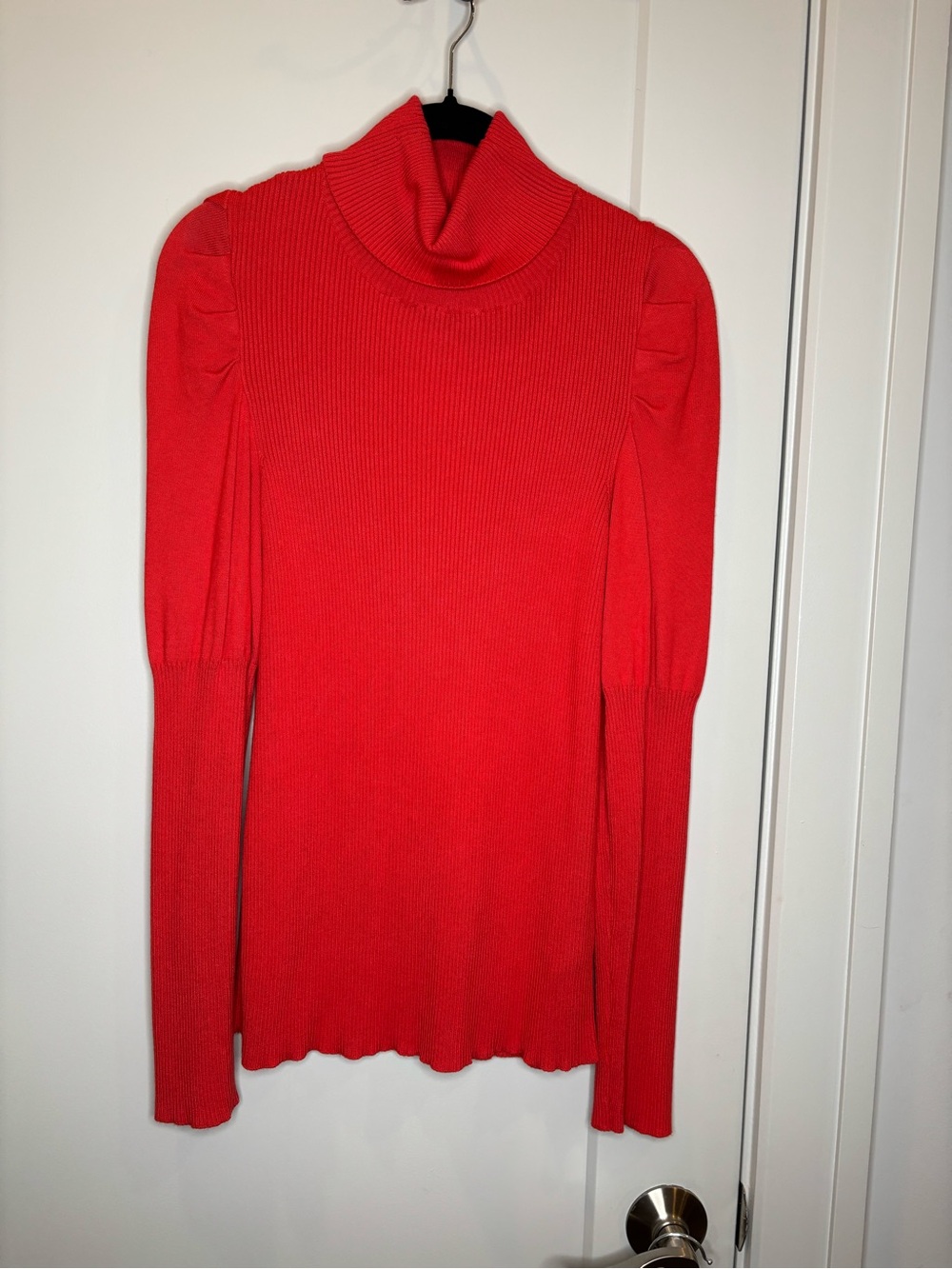 Anthropologie Red Orange Ribbed Puff-Sleeve Turtleneck